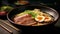 Gourmet Japanese meal ramen noodles, pork, vegetable, cooked in bowl generated by AI