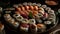 Gourmet Japanese meal Sashimi, nigiri, maki rolled up generated by AI