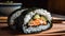 Gourmet Japanese seafood meal on wooden plate with fresh sushi generated by AI