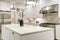 Gourmet kitchen features white cabinetry