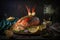 Gourmet lobster on a plate. Recipe with many ingredients. Dark background. Generative AI