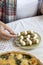 A gourmet lunch: spinach pie with cheese, a bowl of appetizers