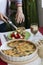 A gourmet lunch: spinach pie with cheese, a salad and wine