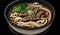 Gourmet meal vegetable ramen soup, chopsticks, crockery ,generative AI