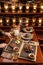 Gourmet meals assorted set on wooden table Buffet man eating steak at restaurant