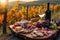 Gourmet Picnic Spread in Vineyard at Sunset, Culinary Experience