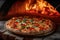 Gourmet pizza emerges from a brick oven, enticingly freshly baked
