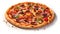 Gourmet pizza photo realistic illustration - Generative AI. Pizza, tomato, sauce, basil.