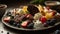 A gourmet plate of indulgent desserts with fresh fruit variations generated by AI