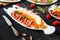 Gourmet restaurant appetizer fish slices cutting