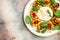 Gourmet Roasted Peaches with Burrata soft cheese, basil and drizzled with honey, with rose wine. Antipasto Dinner or aperitivo