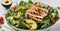 A gourmet salad with mixed greens, avocado, and grilled chicken