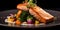 Gourmet seared salmon fillet on elegant dark plate. fine dining meal presentation. fresh ingredients. AI