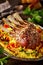 Gourmet seasoned rack of lamb with saffron rice