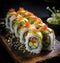Gourmet sushi rolls elegantly presented on a wooden board in a rustic style