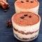 gourmet tiramisu dessert in a glass sprinkled with cocoa and decorated with coffee beans on a dark background, luxury dessert