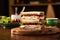 gourmet turkey and cranberry sandwich on a patterned wooden board