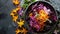 Gourmet vibrant salad with edible flowers and colorful vegetables