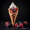 Gourmet Waffle Cone With Whipped Cream and Fresh Berries on a Dark Background