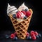 Gourmet Waffle Cone With Whipped Cream and Fresh Berries on a Dark Background