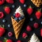 Gourmet Waffle Cone With Whipped Cream and Fresh Berries on a Dark Background