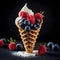 Gourmet Waffle Cone With Whipped Cream and Fresh Berries on a Dark Background