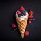 Gourmet Waffle Cone With Whipped Cream and Fresh Berries on a Dark Background