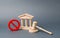 Government or bank building and a red NO symbol with a judge gavel. Declaration of default or bankruptcy of the bank. The adoption