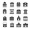 Government building icon set. Vector buildings like university, police office and city hall, hospital museum