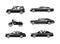 Government Vehicles with Black Presidential Auto with Siren Side View Vector Set