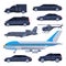 Government Vehicles Set, Black Presidential Auto, Airplane, Helicopter, Luxury Business Transportation Flat Vector