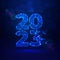 Gowing pints and dots forming number of the new year. Astract digital neon blue 2023 text from particles. Wide christmas