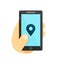 GPS location symbol. Map pointer Gps search city in smartphone concept. Phone in hand. Vector flat illustration icon. Isolated on