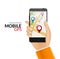 GPS phone navigation - mobile gps and tracking concept. Hand holding a mobile phone with city map