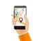 GPS phone navigation - mobile gps and tracking concept. Hand holding a mobile phone with city map
