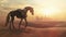 GPT Robotic horse strides through desert toward cityscape