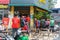 Grab and Now drivers queue to order food on Pham Ngoc Thach street. Online transportation service