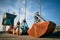 Grabber for bulk cargo laying on a pier on bulk cargo terminal.