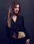 Grace female model posing in black shirt with long hair sty