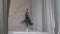 Graceful ballerina in a black transparent skirt against the background of long light curtains performs a pirouette