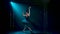 Graceful ballerina in a chic image of a black swan. Classical ballet choreography. Shot in a dark studio with smoke and