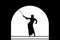 Graceful belly dance with swords. Black silhouette of an Oriental dancer on stage with arched vault.