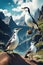 Graceful Black Winged White Birds amidst Green Mountains and Cloudy Sky, A Breathtaking Panorama. AI generated