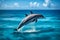 A graceful bottlenose dolphin leaping out of the azure waters, framed by a vibrant Caribbean seascape