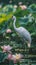 A graceful crane bird is standing on one leg in a serene pond, surrounded by blooming lotus flowers and lush greenery, Close up, d