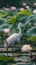 A graceful crane bird is standing on one leg in a serene pond, surrounded by blooming lotus flowers and lush greenery, Close up, d