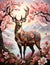A graceful deer standing amidst a vibrant orchard of almond blossoms, animal design