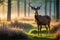 Graceful Deer Standing in Early Morning Mist - Sharp Focus on Dew-Covered Grass with Soft Glow of First Light