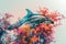 A graceful dolphin merged with the vibrant colors of a coral reef in a double exposure