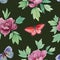 Graceful flowers with leaves on a green background. Seamless watercolor pattern. Red peony flowers drawn for printing on a postcar